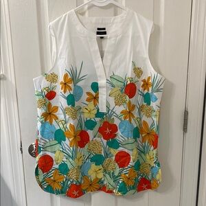 Talbots Orange and Blue Sleeveless Blouse with Mandarin Collar